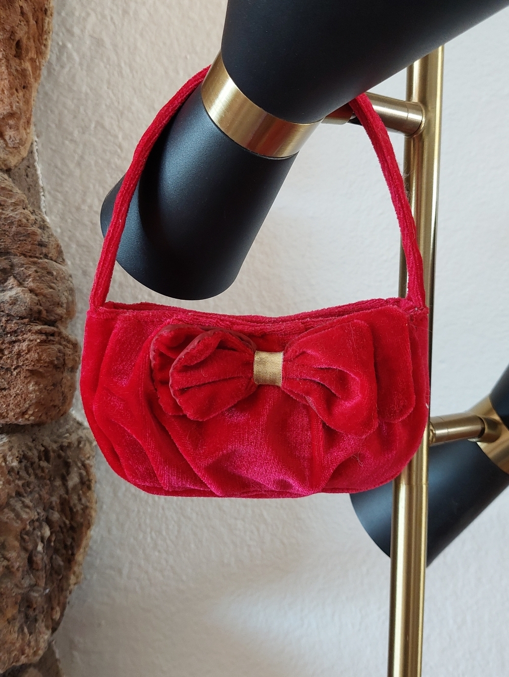 Source Unknown Red Velvet Bow Shoulder Bag with Gold Accent